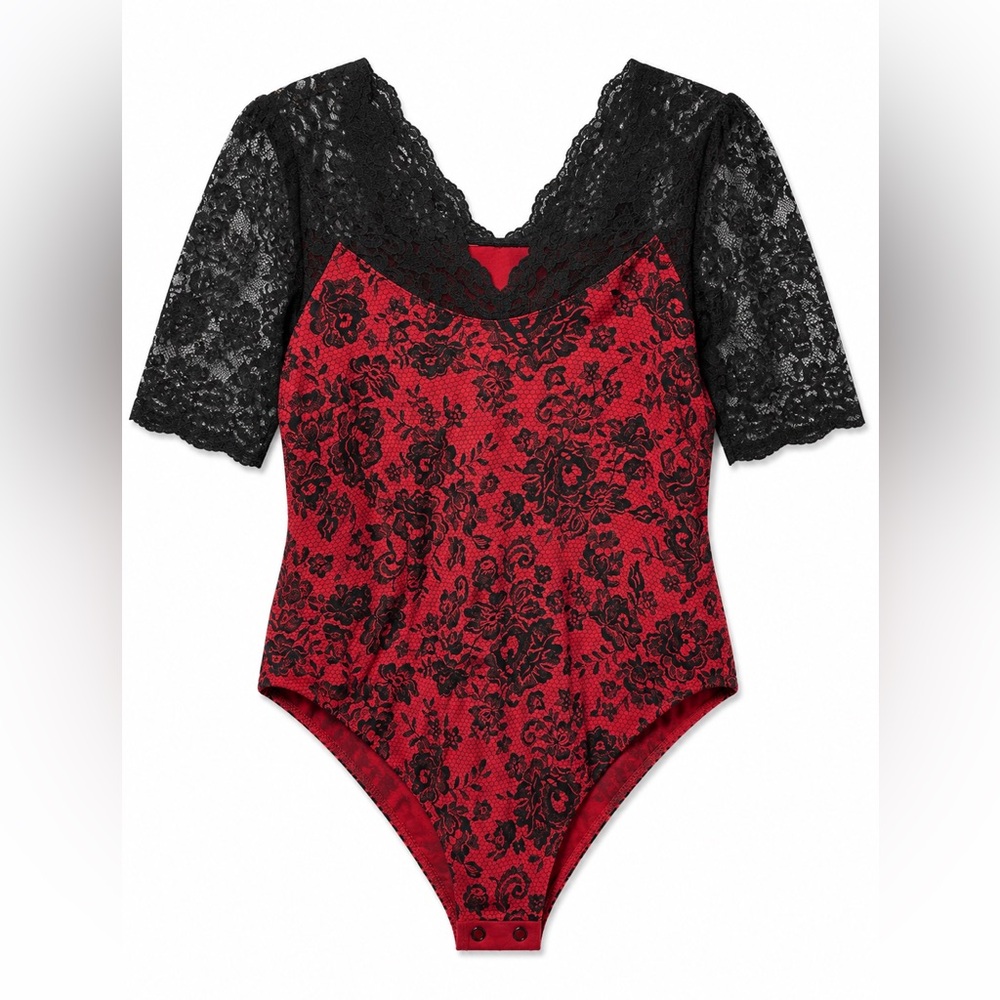 Torrid Red Lace Floral Bodysuit with Black Lace Sleeves